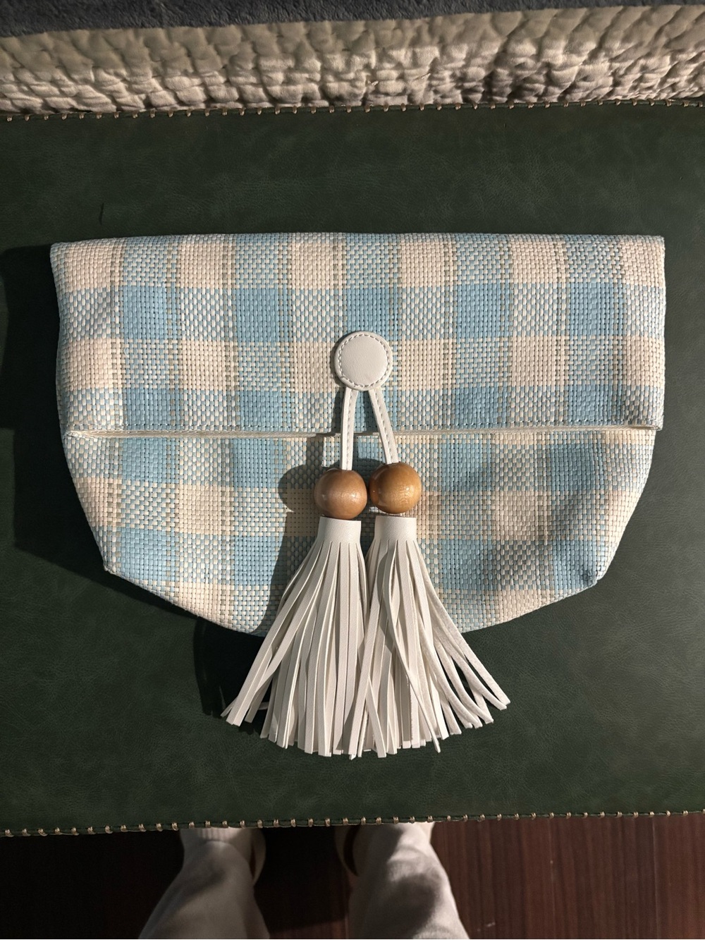 Anthropologie Light Blue and White Check Tassel Clutch with Wooden Beads